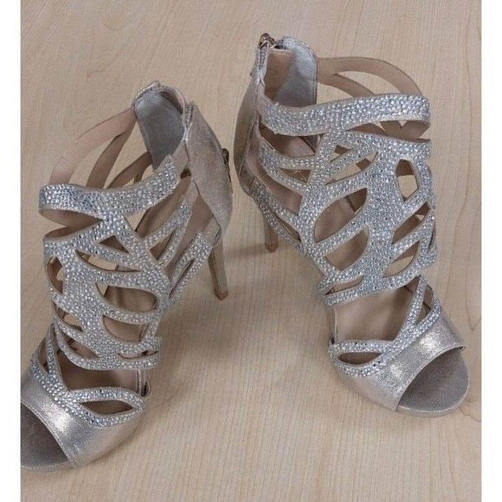 Thalia Sodi Serenagld Champagne Sparkle Evening Dress Strappy Heels Shoes Size 6